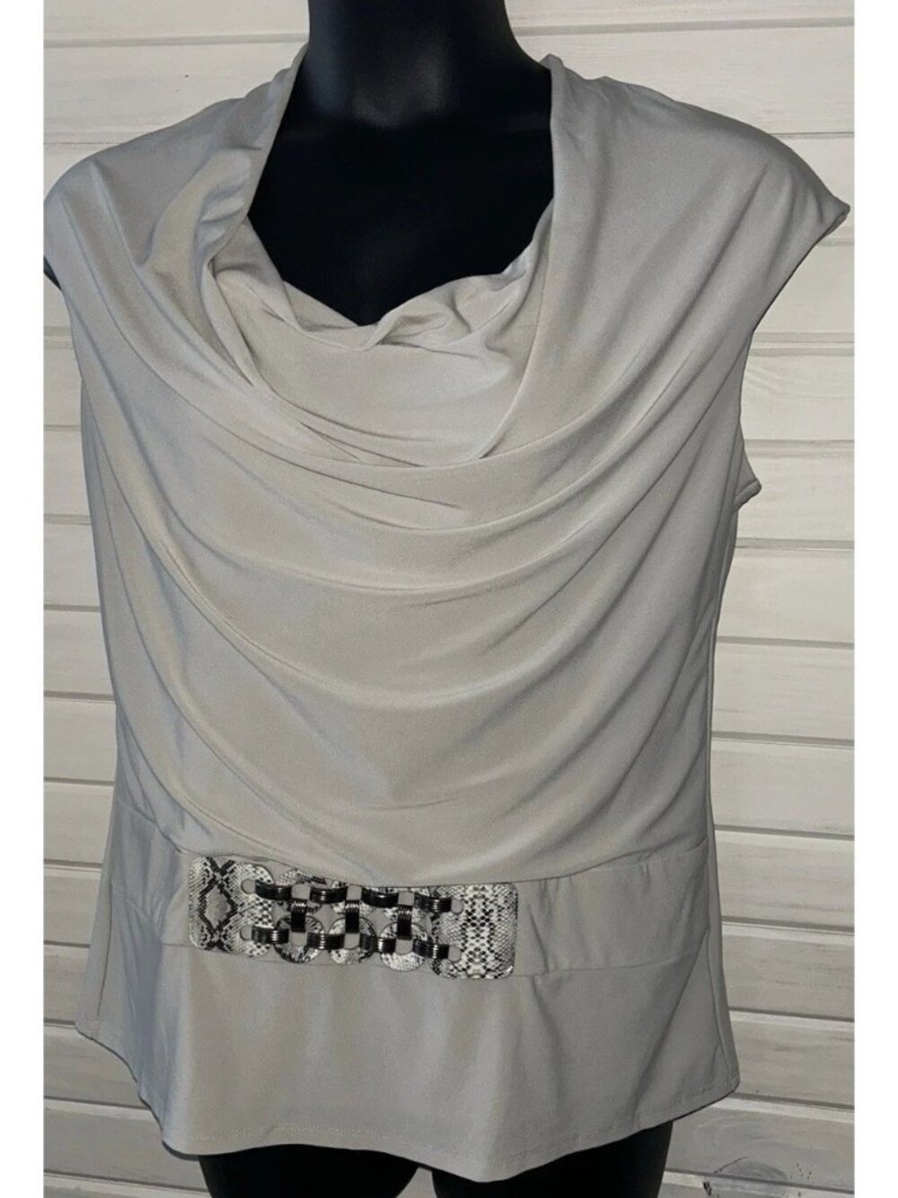 Frank Lyman Sz 16 Draped Neck Stretch Knit Blouse Snake Hardware Accent EUC